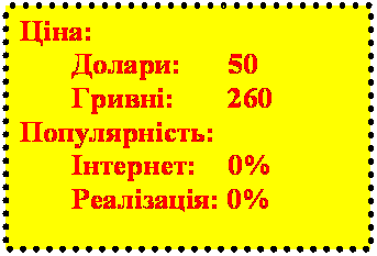 Подпись: Ціна:
Долари: 	50
Гривні:   	260
Популярність:
	Інтернет: 	0%
	Реалізація: 0%

