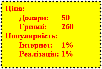 Подпись: Ціна:
Долари: 	50
Гривні:   	260
Популярність:
	Інтернет: 	1%
	Реалізація: 1%

