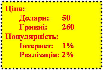 Подпись: Ціна:
Долари: 	50
Гривні:   	260
Популярність:
	Інтернет: 	1%
	Реалізація: 2%

